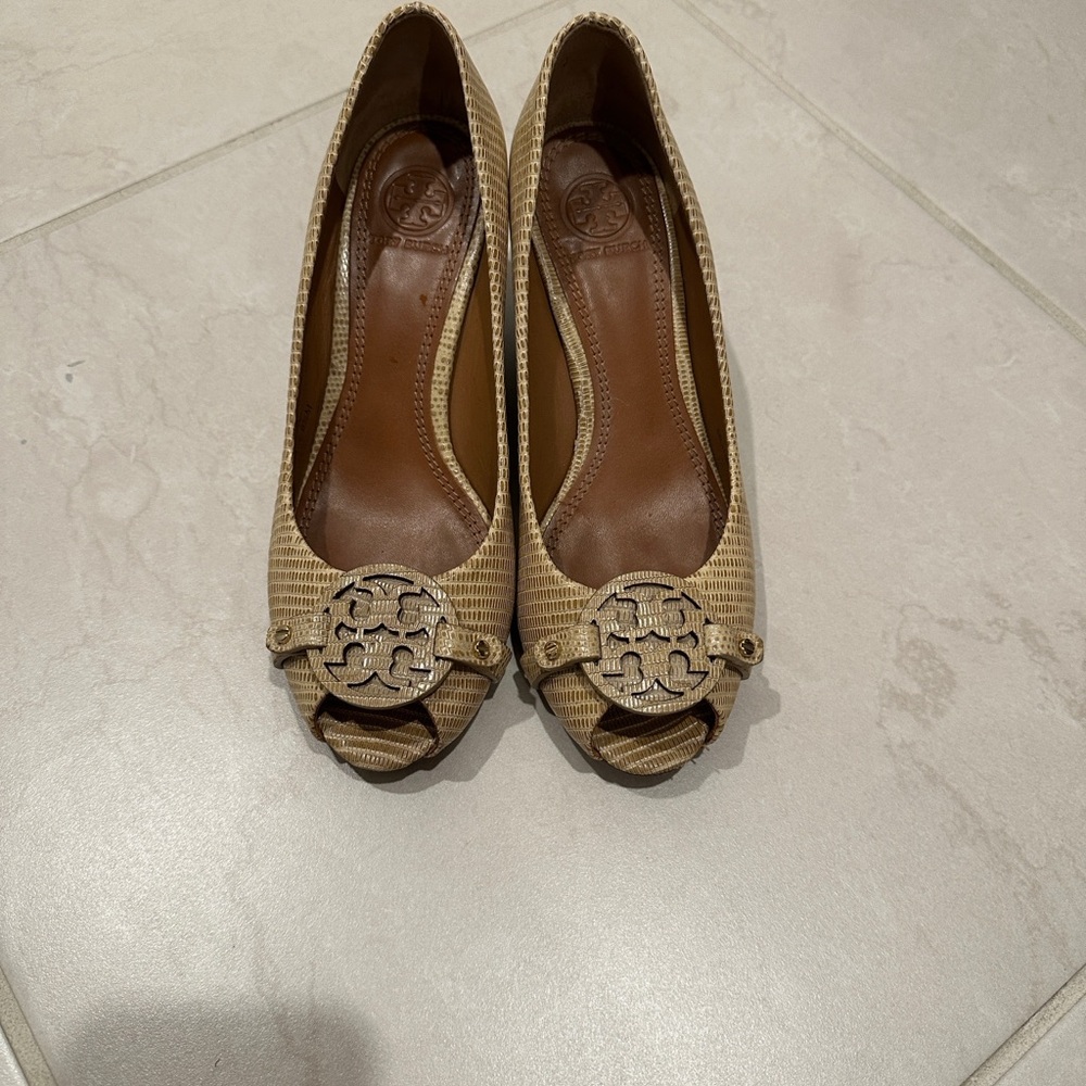Tory Burch Brown Snakeskin Peep-Toe Heels